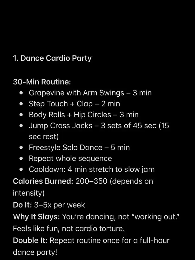 Text details a 30-minute Dance Cardio Party routine, including steps like Grapevine, Step Touch, Body Rolls, and Jump Cross Jacks. It lists calories burned (200-350), frequency (3-5x/week), and benefits.